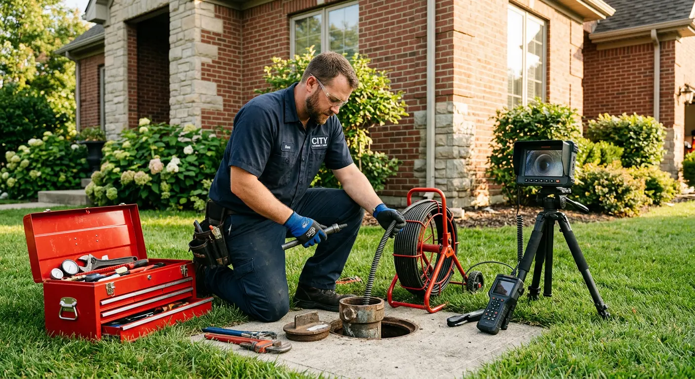 Sewer specialist with camera equipment servicing a cleanout in Spring Valley