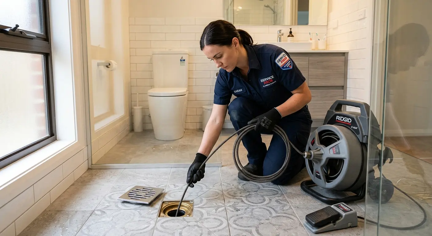 Technician clearing a bathroom floor drain for Hydro Jetting in Spring Valley